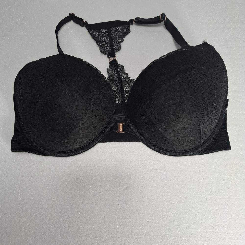 Victoria's Secret PINK Black Lace Racerback Push-Up Bra 36DD Front Clouse - Picture 2 of 9